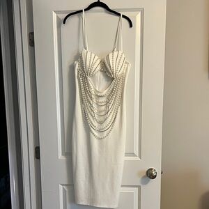 Fashion Nova Ivory Pearl-Chain Midi Dress